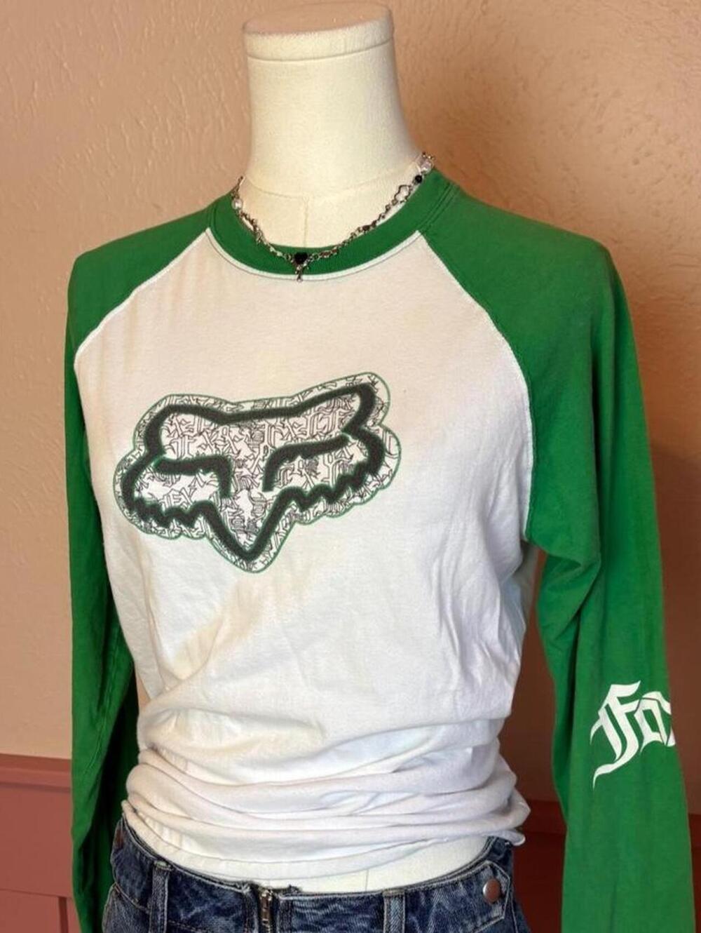vintage fox racing shirt white green cotton streetwear 2000s